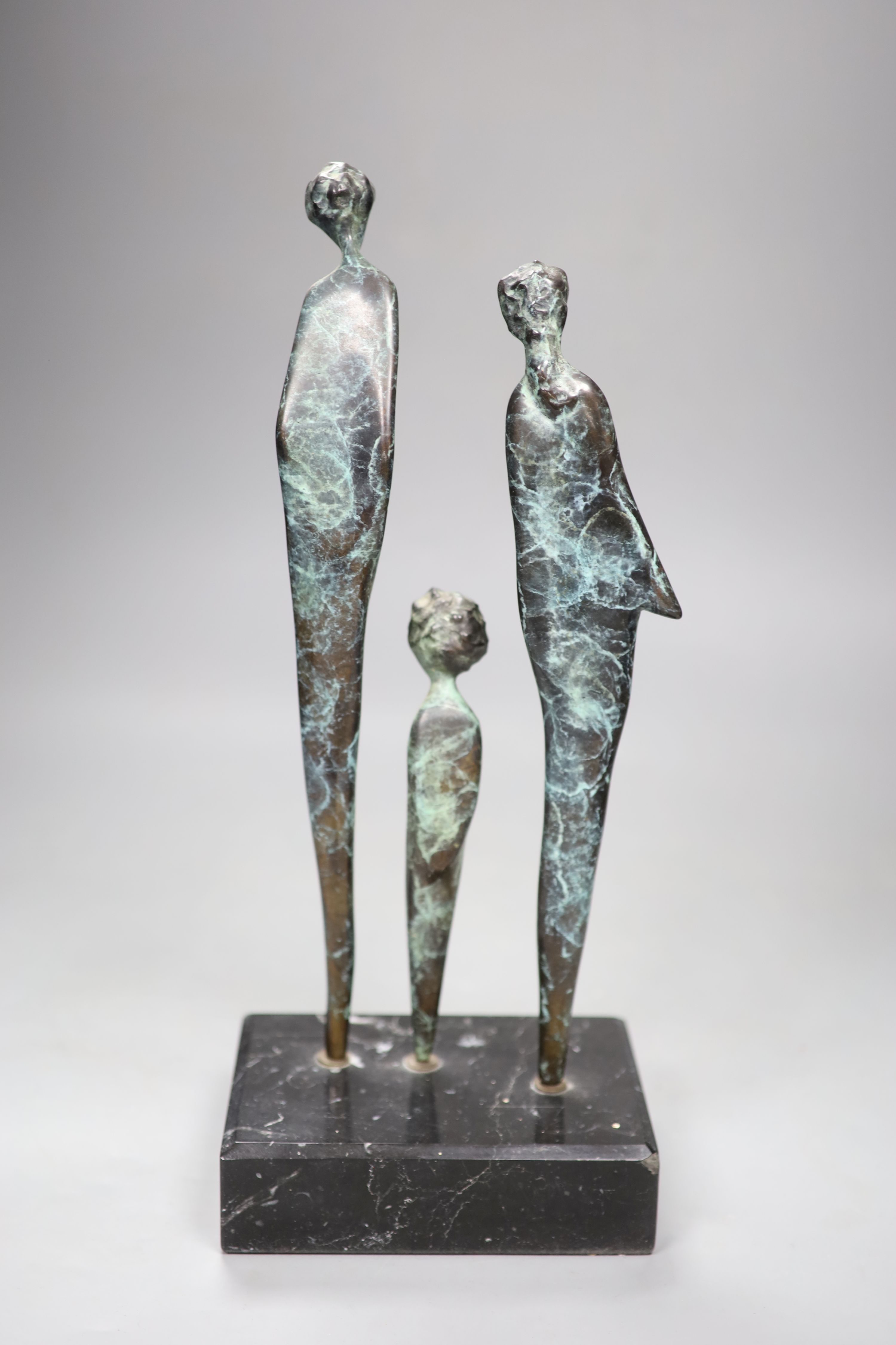 Jill Cowie Sanders (modern British) A patinated bronze, three female forms on marble plinth, height 32cm